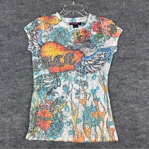 SayWhat? Graphic Mesh Top L Rhinestone Embellished Tattoo Print Edgy